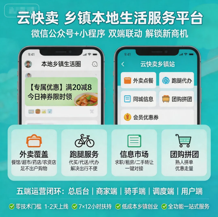 云快卖助力：微信公众号+小程序搭建乡镇外卖双端平台，解锁本地生活新商机