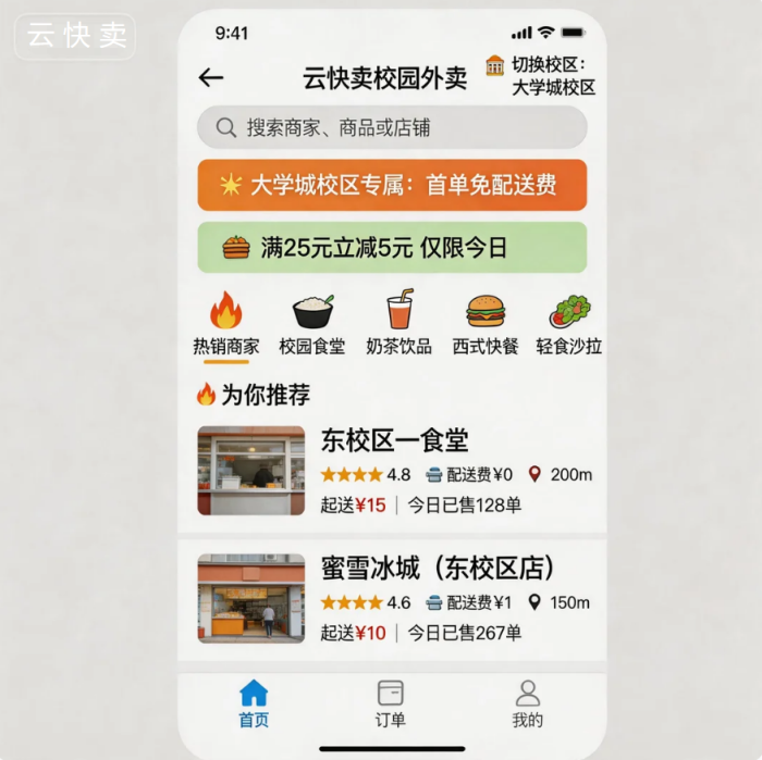 多校区校园外卖平台快速搭建,云快卖助力高效运营