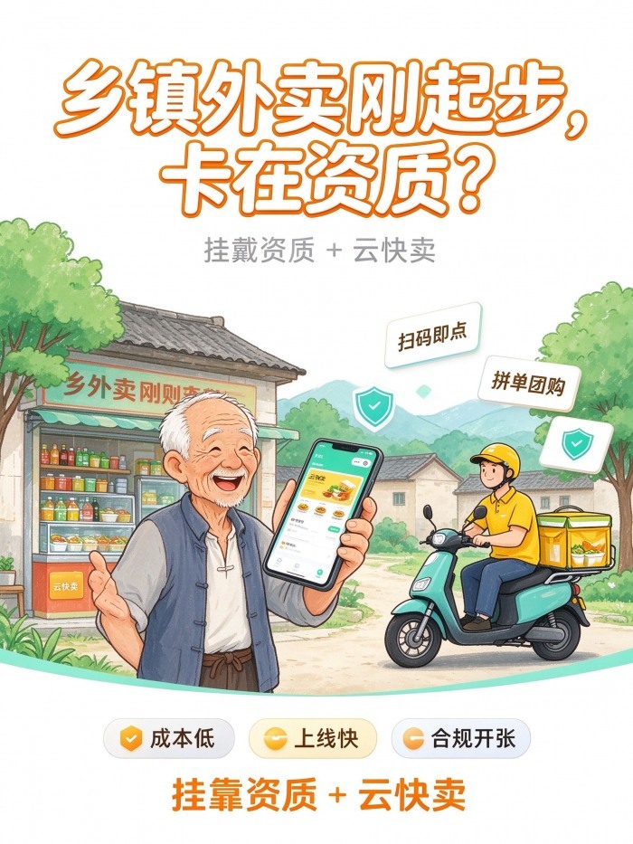 乡镇外卖怎么起步？挂靠平台资质＋云快卖，小成本也能跑起来